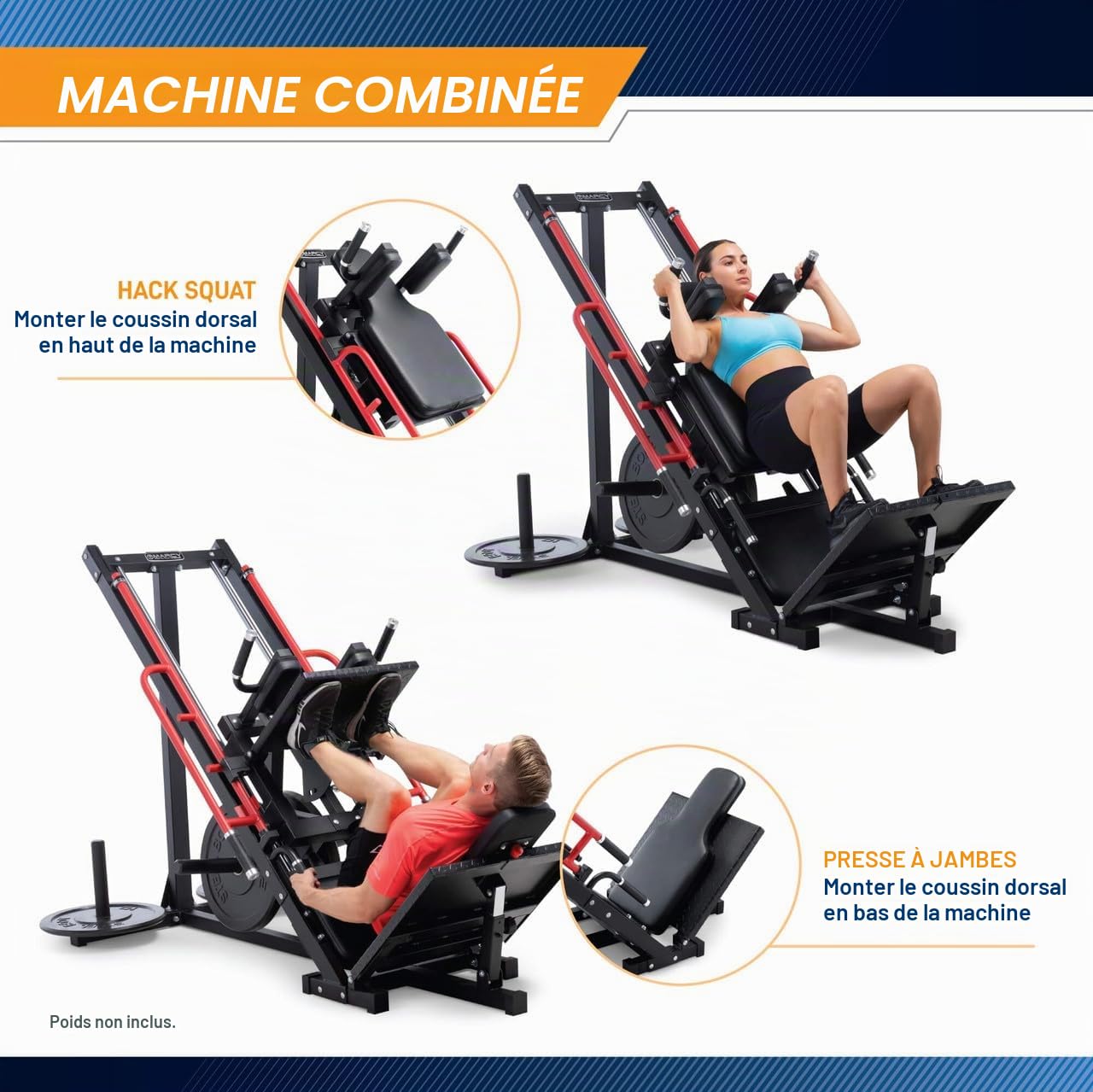 Marcy Presse à Cuisses et Hack Squat Charge 270 kg Double Fonction | Poids utilisateur max 136 kg, Plateforme 60,96 cm de large, Dimensions 228x97x127 cm