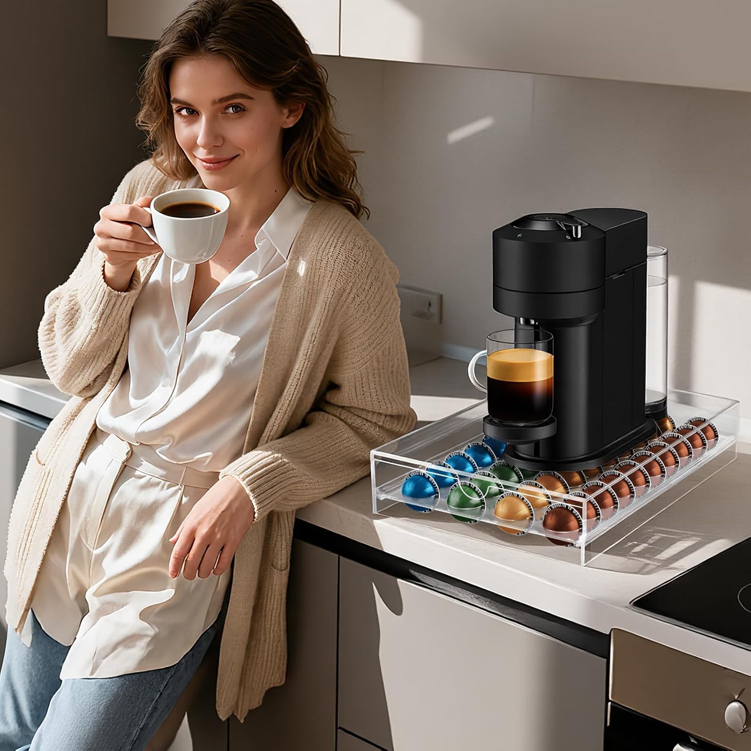 Jumyee Acrylic Coffee Pod Holder Storage Drawer, Clear 40 Pods Coffee Capsule Organizer for Countertop, Pod Holder for Coffee Pod and Espresso Machines