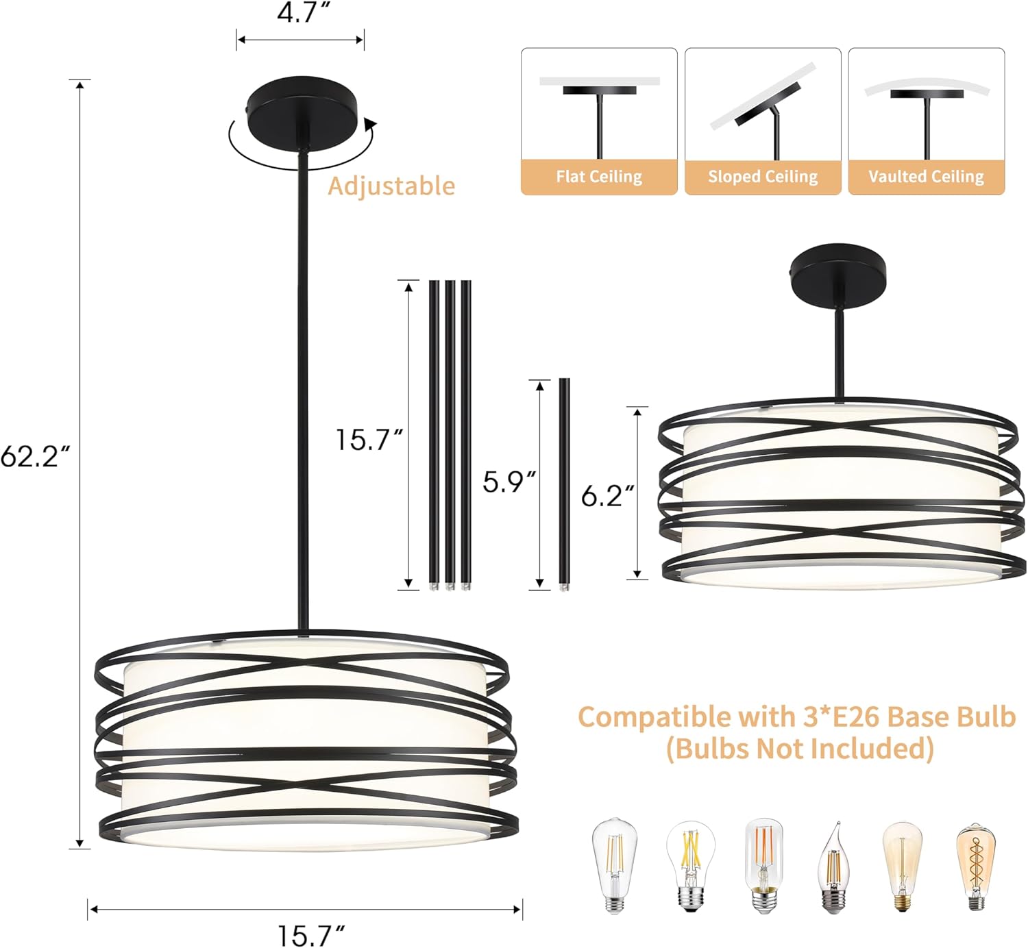 16" Black Drum Pendant Lighting Kitchen Island 3-Light Modern Farmhouse Chandelier with White Fabric Shade Rustic Hanging Light Fixtures for Dining Room Hallway Bedroom Foyer