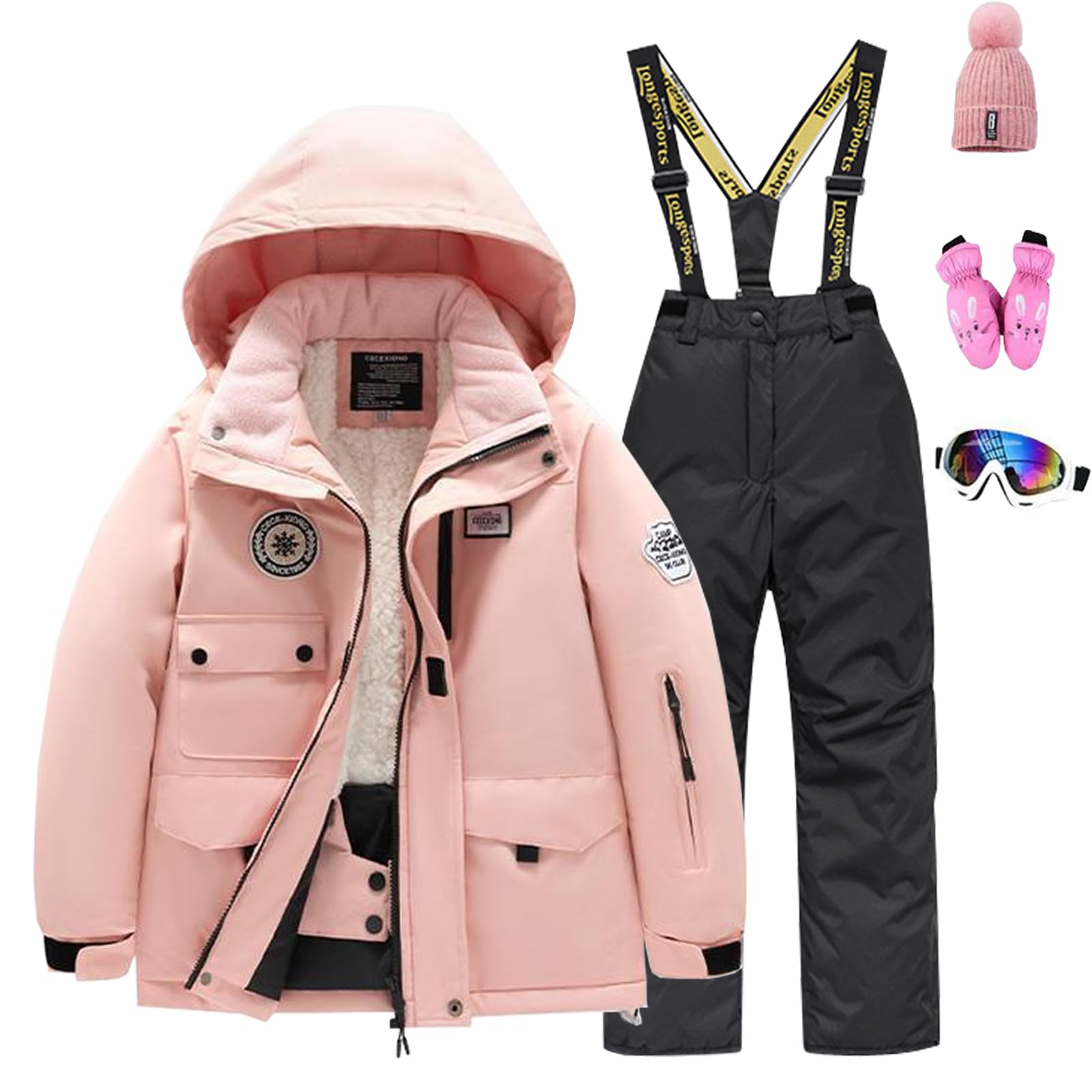 Kinder Skianzug Set Winddichte wasserdichte Schneeanzug 5tlg Skijacke+Skihose+Hut+Handschuh+Skibrille für Jungen Mädchen