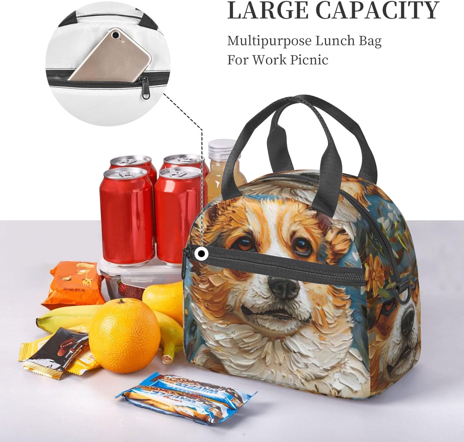 Corgi Floral Flowers Spring Garden Print Reusable Lunch Bag Insulated Lunch Boxes for Office Work Picnic Tote Bag Adjustable
