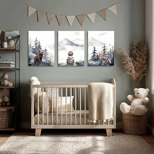 Miniatura 2 de kilamino Arte de pared de animales salvajes de bosque neutro, bonito oso zorro, decoración de pared para guardería, impresiones de póster de niño de