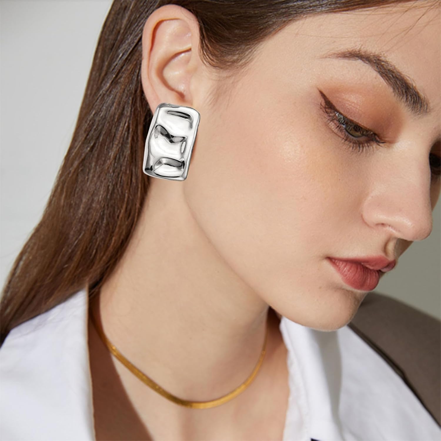 Chunky 14K Gold Plated Rectangle Stud Earrings for Women, Dainty Thick Stud Earrings, Minimalist Geometric Earrings for Women - Image 4