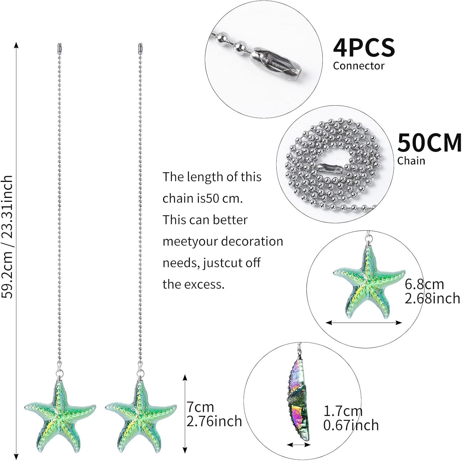 LONGSHENG - SINCE 2001 - 2 Pack Ceiling Fan Pull Chain Ornaments Extension Chains with Decorative Green Glass Starfish 23 Inches Fan Pull Chain Set For Ceiling Light Lamp Chain