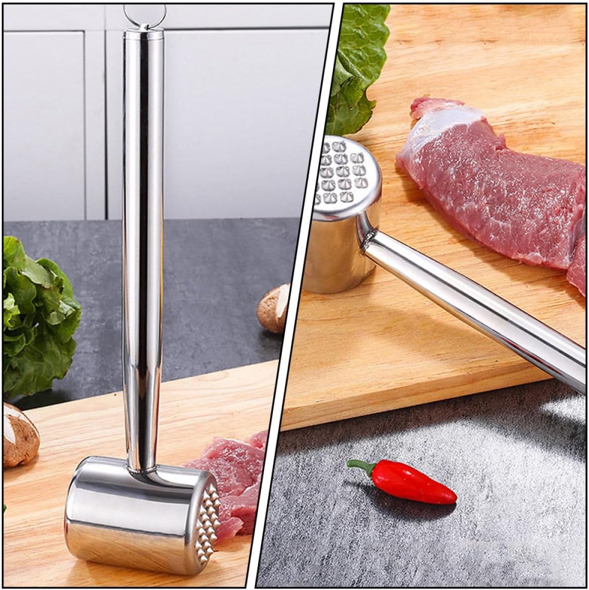 2pcs Stainless Steel Meat Hammer Mallet Heavy Duty Kitchen Tool for Tenderizing Beef Chicken Steak Ergonomic Grip Non- Design for Home Cooking