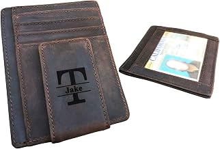 Birsppy RFID Blocking Personalized Leather Magnetic Money Clip for Men, Monogrammed Rustic ID Card Wallet, Custom Slim Minimalist Wallet, Credit Card Case Holder