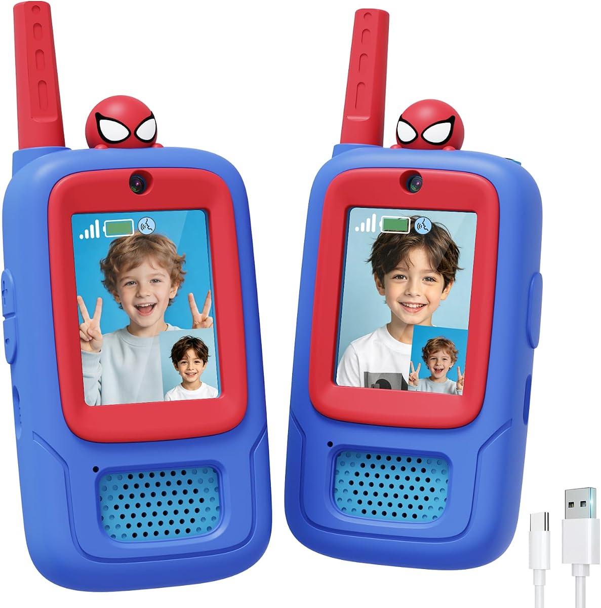 Video Walkie Talkies for Kids with Silicone Case, 2 Pack Rechargeable Long Range, Spider Toys for 3 4 5 6 7 8 Year Old Boys, for Camping Hiking Family Game, Birthday Gift Boys Girls Ages 3-8