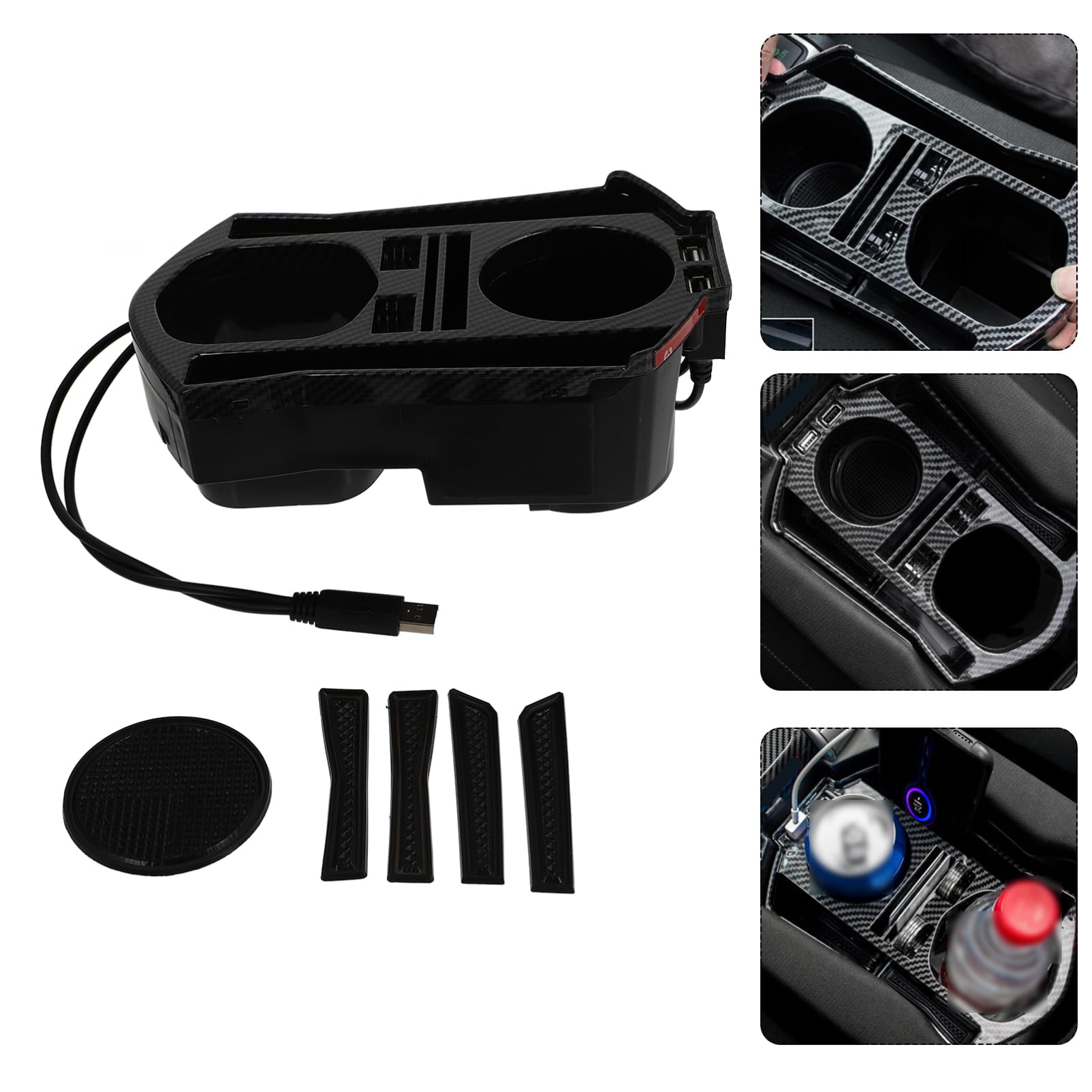 Amosfun 2 Pezzi Scatola Portaoggetti per Console Centrale Auto con Porta USB e Portabicchieri Organizer Pratico per Accessori Auto Facile Installazione Senza Modifiche per Viaggi Lunghe