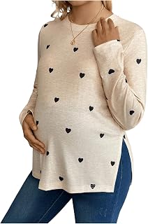 MakeMeChic Women's Maternity Tee Shirt Heart Print Crew Neck Long Sleeve Slit Hem Pregnancy Top