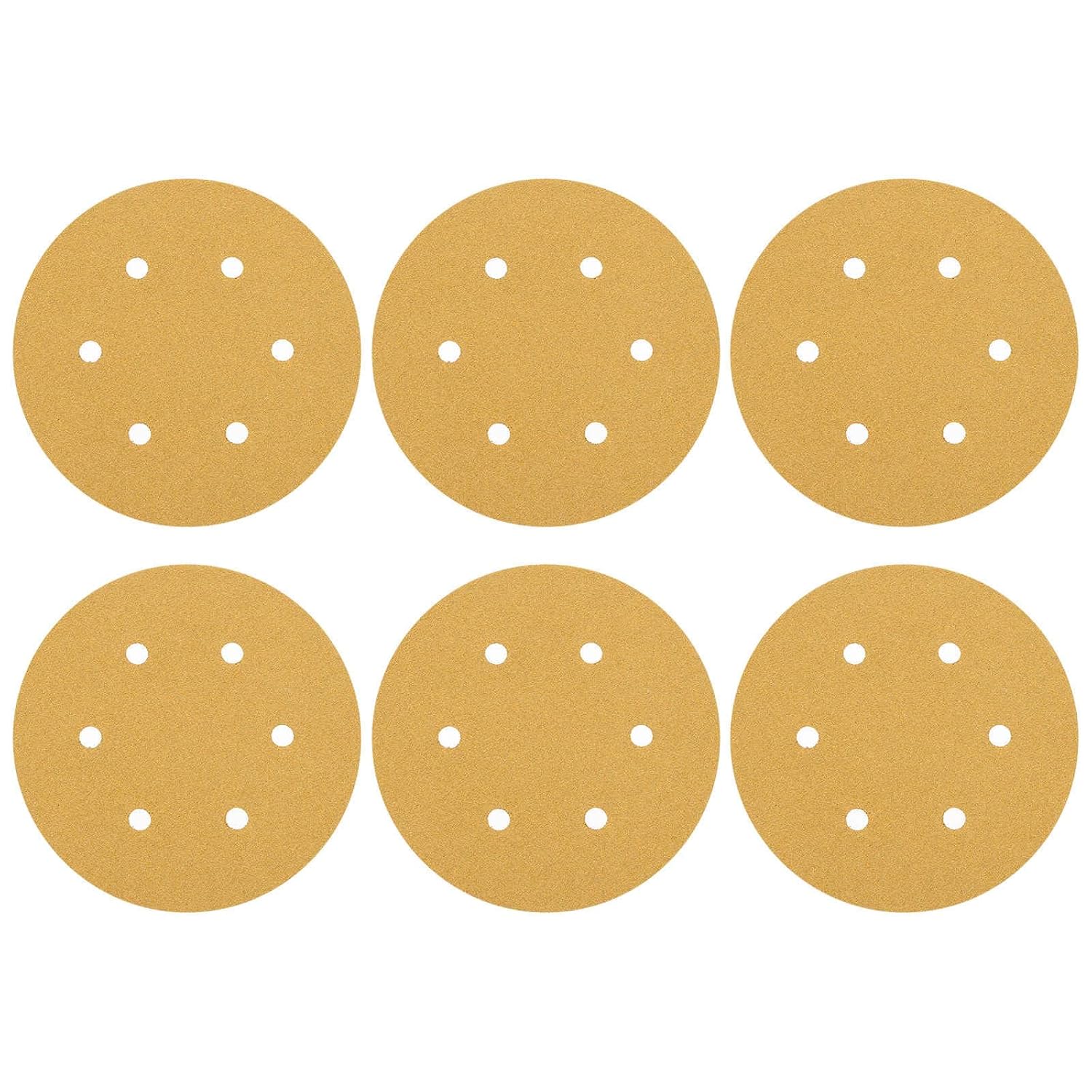 HARFINGTON 50 Pcs 6 Inch Sanding Discs, 60 Grit Hook and Loop Sandpaper, 6-Hole Aluminum Oxide Orbital Sander Sandpaper for Woodworking Automotive Metal Polishing, Yellow