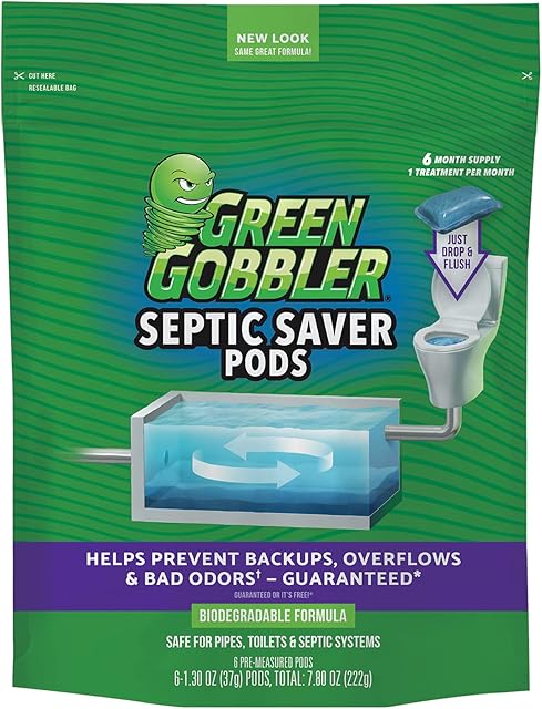 Green Gobbler Septic Saver Treatment System - Sewage & Septic Tank Cleaner - Bacteria Enzyme Packs for Monthly Septic Tank Treatments - 6 Pods (1.3oz)