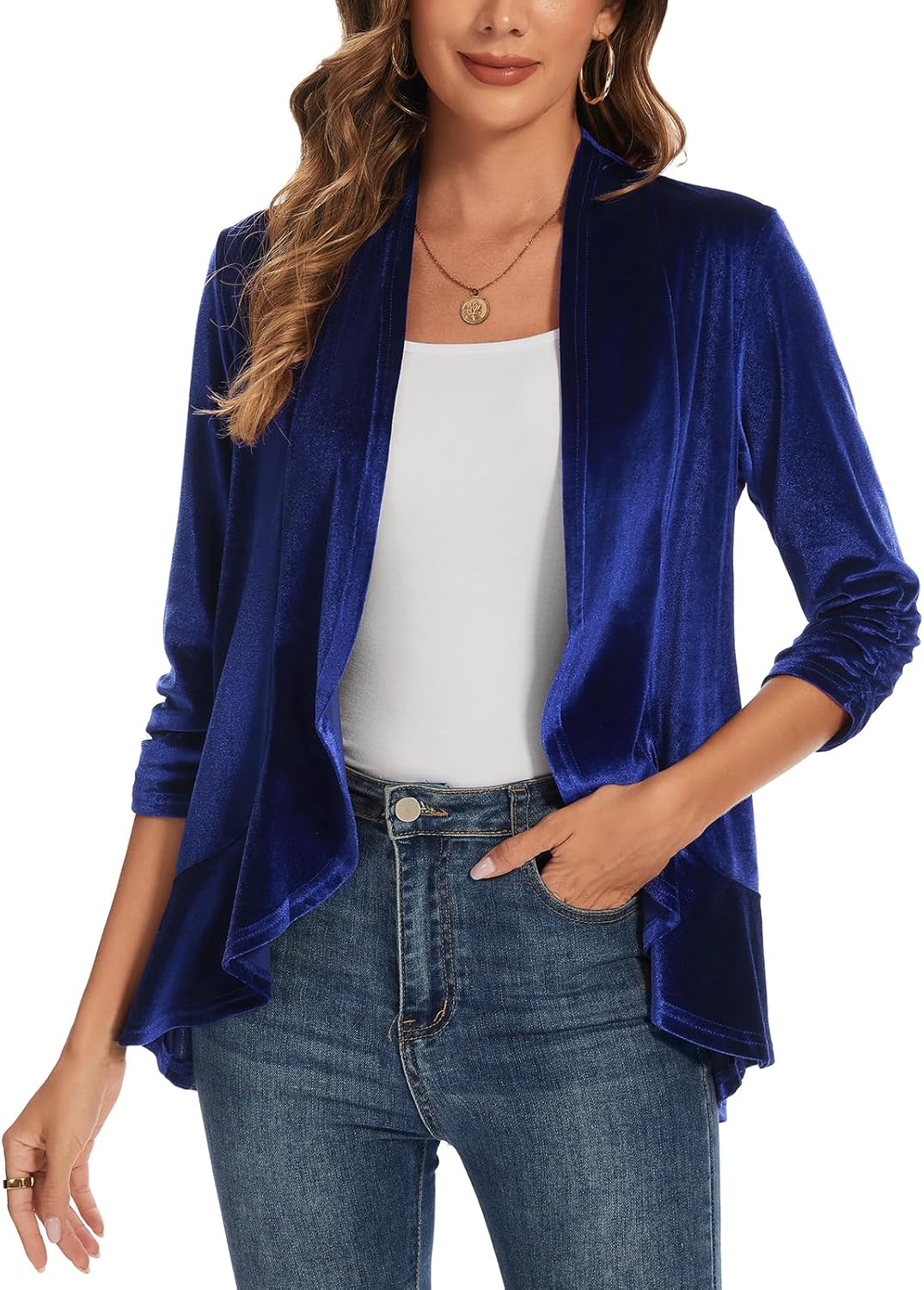 Velvet Cardigans for Women's Ruched 3/4 Sleeve Open Front Collarless Ruffle Hem Velvet Cardigan