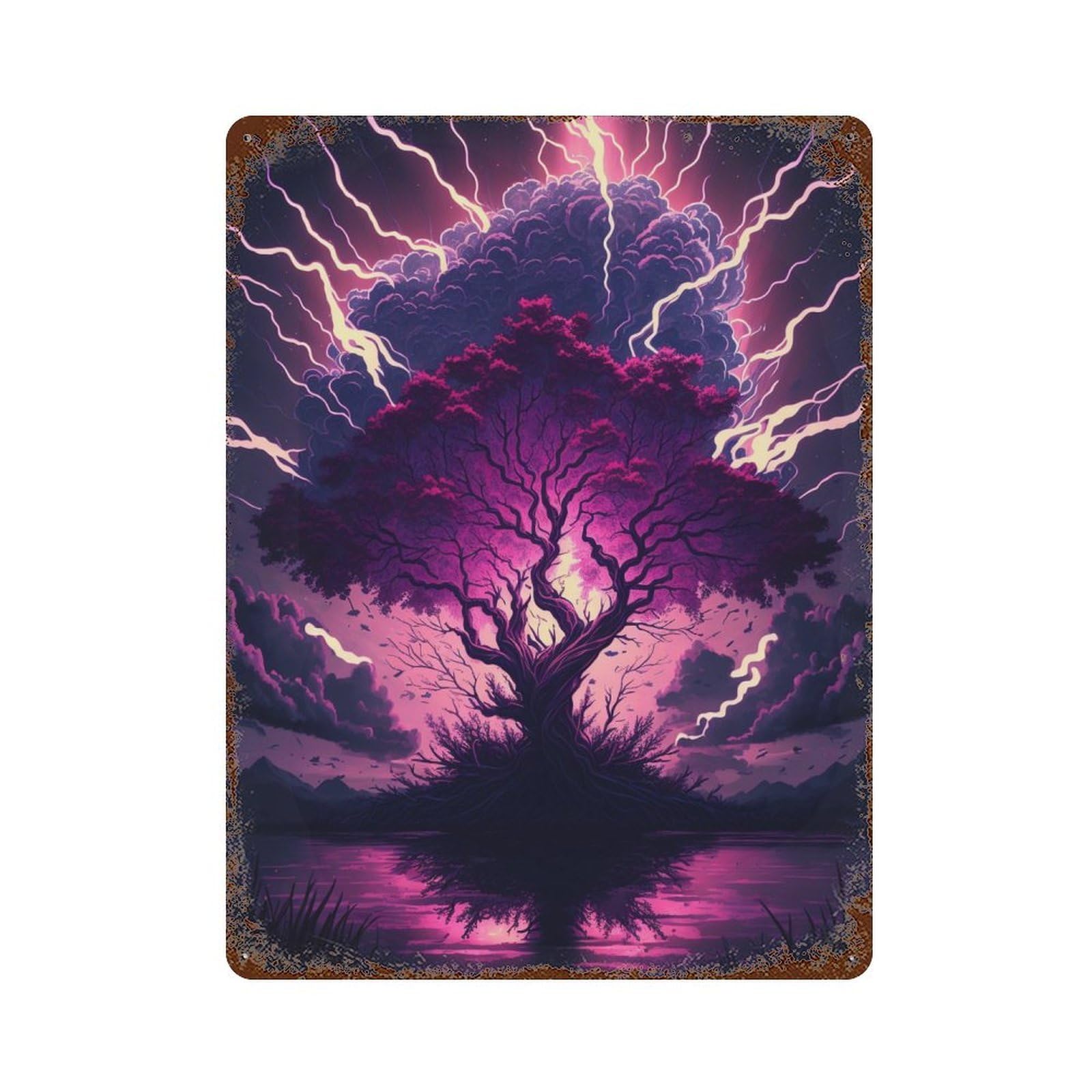 Garage Style Electric Storm Tree Reflection Retro Metal Sign 15.7"x11.8", Classic Wall Plaque for Bar And Workshop