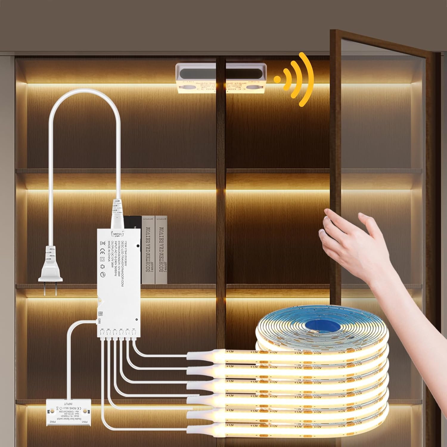 12V COB LED Strip Light,6 -in-1 Door Sensor Control LED Under Cabinet Lighting,3.3Ft 3000K Warm White Shelf Lighting Strip for Wine Cabinets, Shoe Racks, Display Cabinets, Kitchen Cabinets