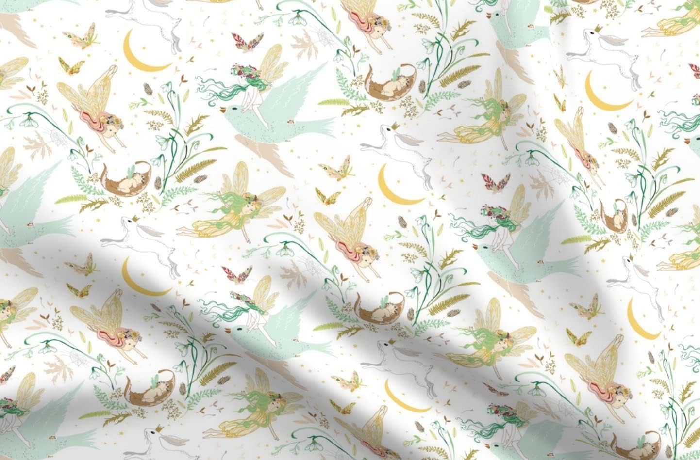 Spoonflower Fabric - Fairies White Fairy Girl Nursery Rabbit Bird Forest Printed on Organic Cotton Sateen Fabric by The Yard - Sewing Quilting Apparel Home Decor