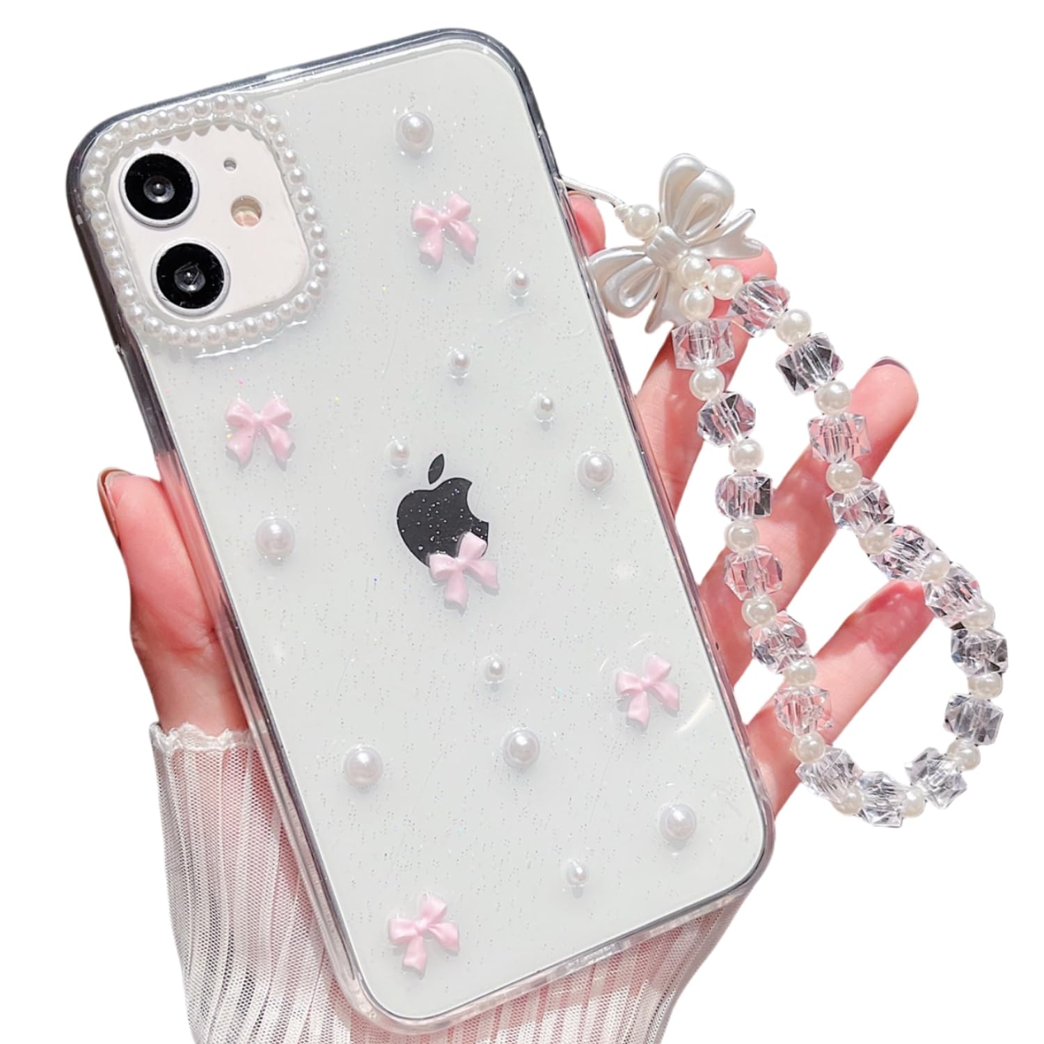 MINSCOSE for iPhone 11 Clear Glitter Case, Cute Bow Pearl Aesthetic Girly Transparent Phone Case with Phone Charms Chain Bracelet,Soft Protective Cover for iPhone 11-Pink