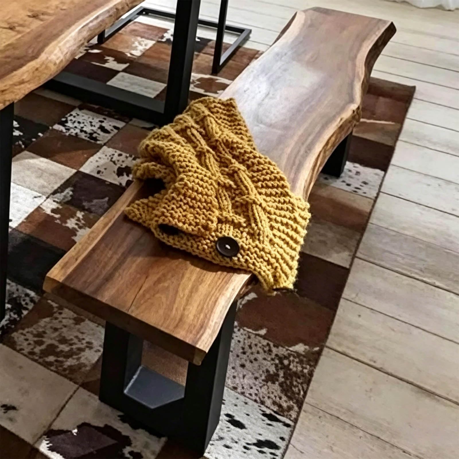 Przemysłowy stół do jadalni z litego drewna, stół kuchenny z żywą podstawą i solidną metalową podstawą 2-8, idealny do jadalni i kuchni (180 cm dł. x 28 cm gł. x 35 cm wys. ławka w zestawie)
