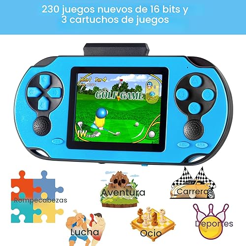 Vista 2 de Juego de mano de 16 bits para niños y adultos, pantalla grande de 3.0 pulgadas precargada 230 HD videojuegos clásicos retro con batería recargable