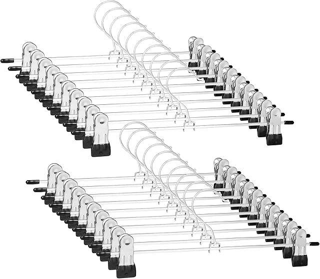 Trouser Hanger, WEIDMAX Pant Hangers 20 Pcs Space Saving Skirt Hangers with Clips Adjustable Non-Slip Coat Suit Skirt Hangers Heavy Duty Chrome Clothes Hangers Clothes Hook