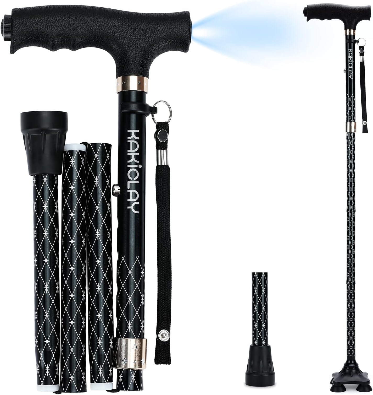 KAKICLAY Folding Walking Cane with LED Light for Women & Men - Foldable, Adjustable, Collapsible Lightweight Aluminum Walking Stick for Seniors & Adults