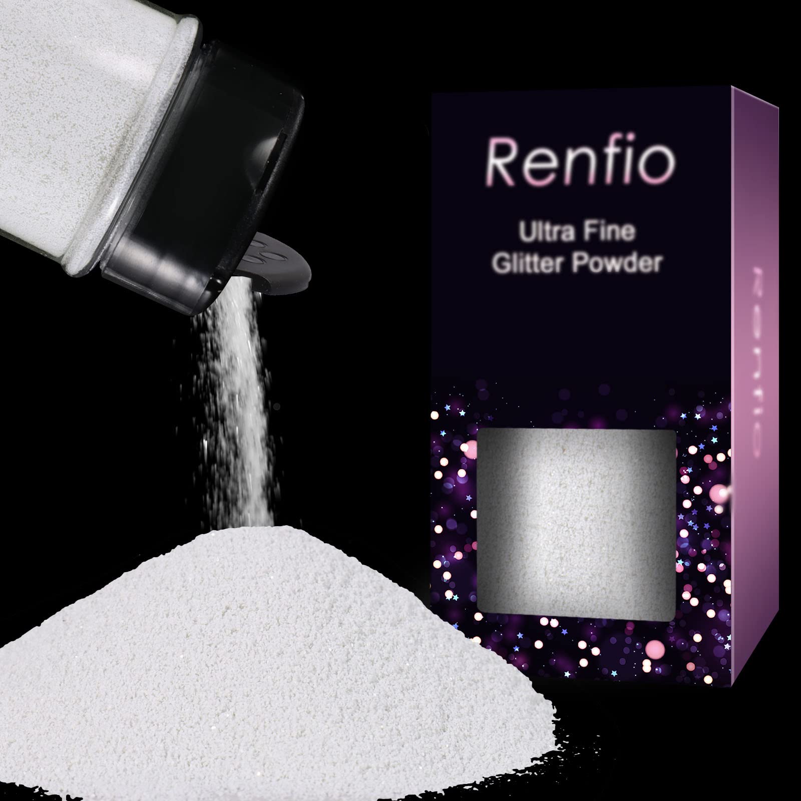Renfio Ultrafeines Glitzerpulver, Metallharz, 60 g, PET-Flocken, Basteln, Pailletten, 0,2 mm, Epoxidsplitter, Flocken für Becher, Schleim-Dekoration, Perlweiß