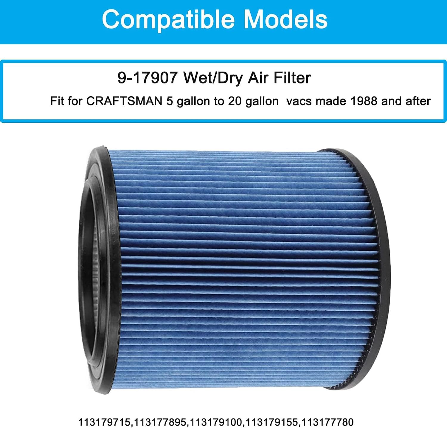 17907 Cartridge Filter for Craftsman Shop Vac 5 to 20 Gallon, 3-Layer Pleated Fine Dust Filter Fits for Craftsman 17907 9-17907 Wet Dry Vacuum image 3