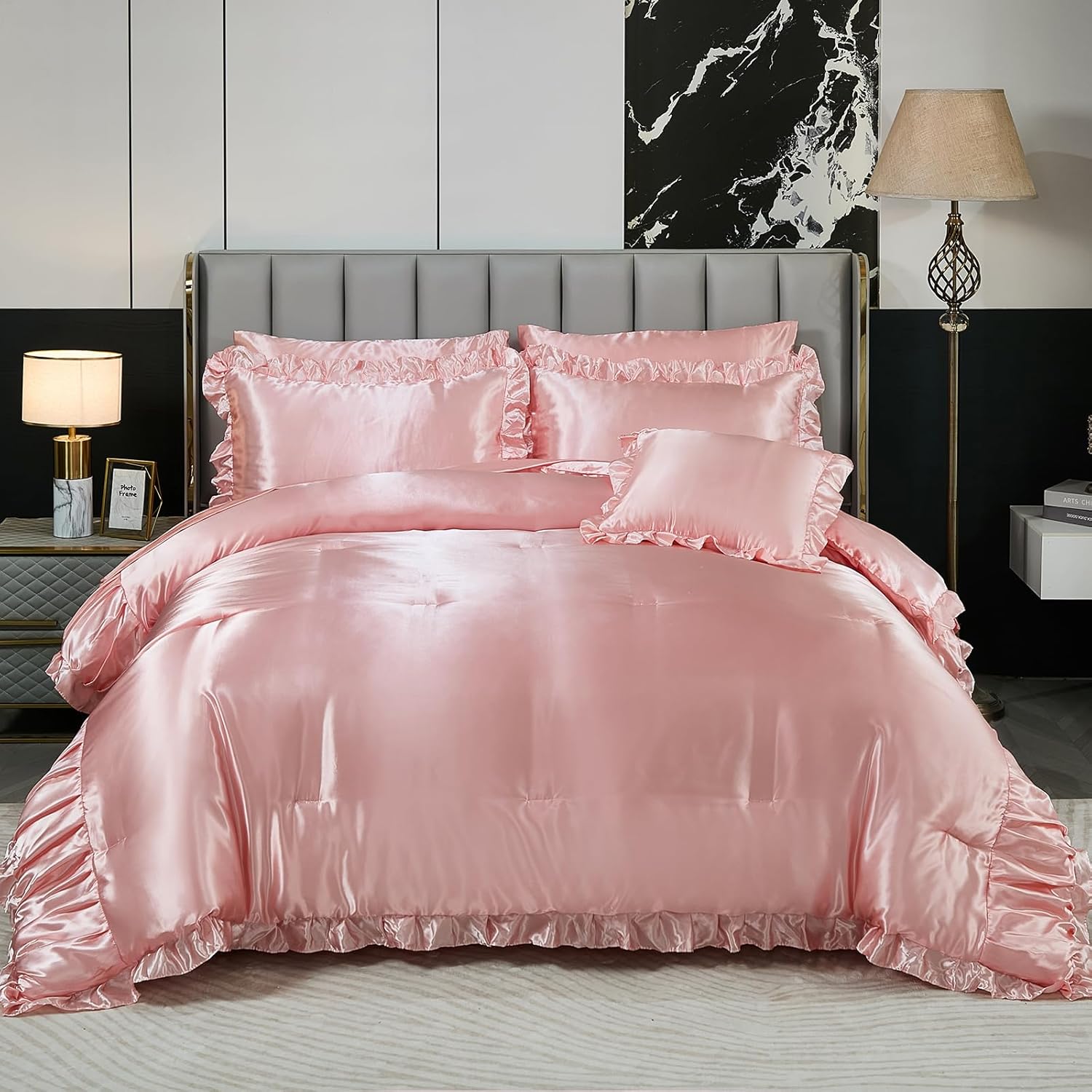 Herside Satin Pink Ruffle Comforter Set with Sheet Set Queen Size,8 Pieces Ruched Pleated Comforter Silk Like Satin Bedding Set,Soft Smooth Luxury Shabby Chic Silky Quilt Set for All Season - Image 2