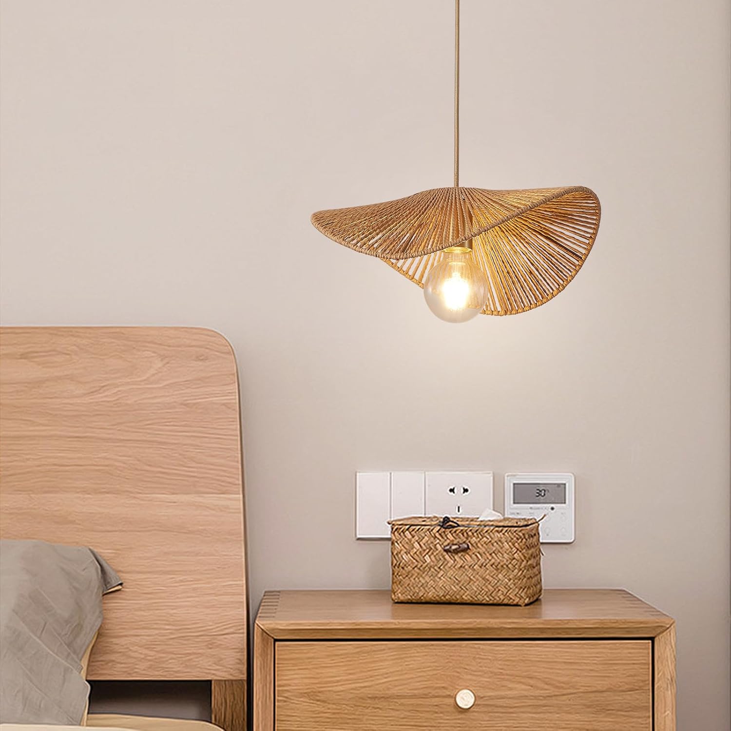 Boho Rattan Pendant Light Fixture Modern Style Hanging Light Bamboo Handwoven 1-Light Hanging Lamp for Farmhouse Bedroom Living Room Dining Room