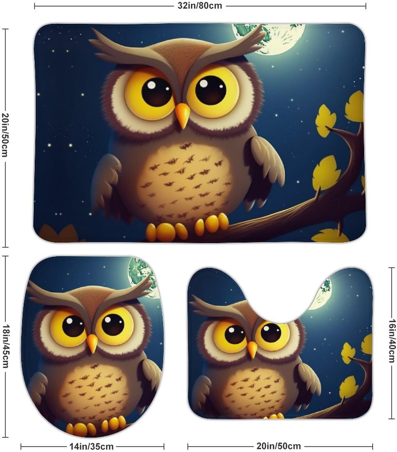 Anti-Skid Floor Mats 3 Piece Set,Owl and Yellow Moon Printed Coral Fleece Bathroom Mats U-Shaped Contour Mat Toilet Seat Cover for Bathroom, Tub, Shower, Kitchen 19.7"x31.5"