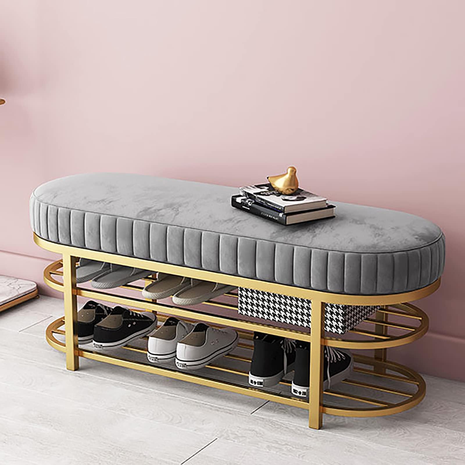 LWJSOCP Modern Velvet Upholstered Entryway Bench with 2Tier Shoe RackStylish Hallway Storage nizer for HomeGreen Furniture Accent (31.5")