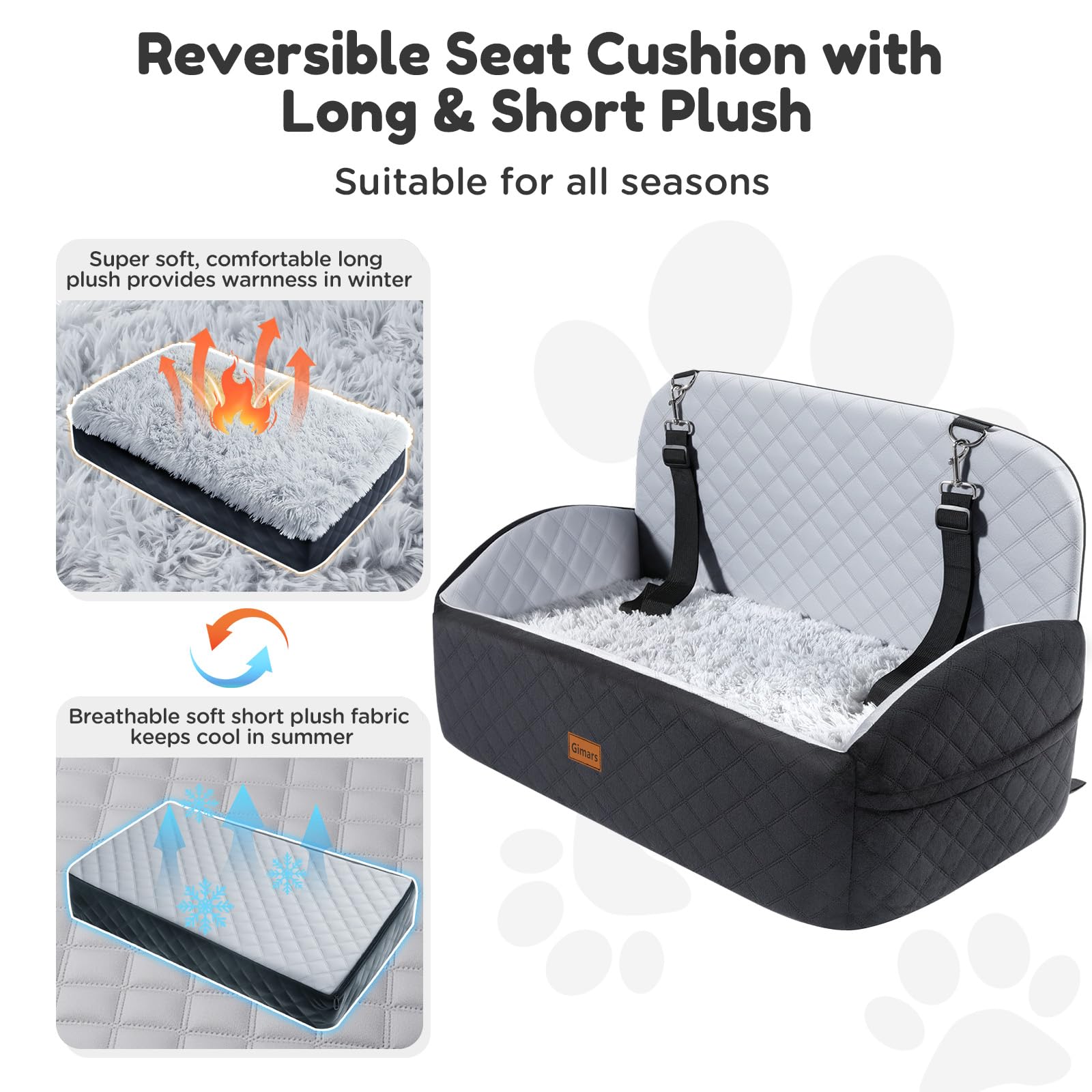 Gimars Reversibile Seggiolino Auto Per Cani conPeluche Lungo/Corto Cuscino sedile Per Cani Piccoli/Medi Fino A 27kg, Sfoderabile Lavabile Trasportino Per Cani Auto Con 13cm 28D Egg-Crate Schiuma, L