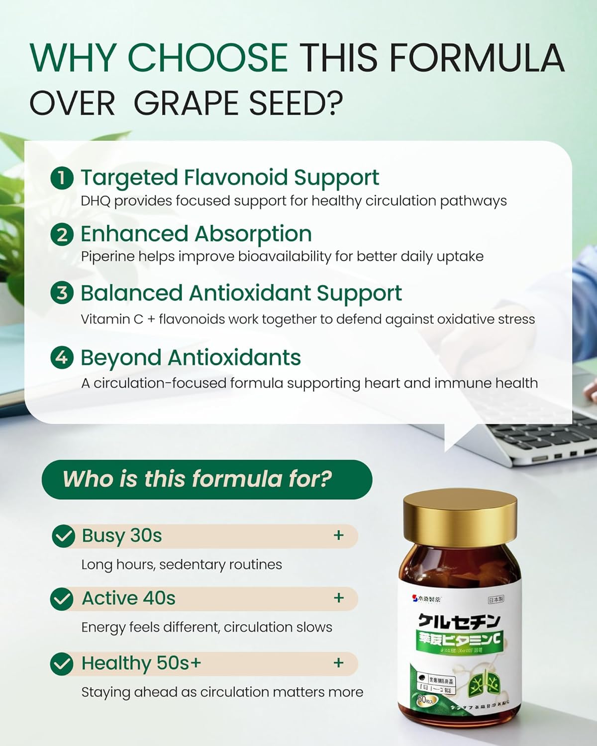 Dihydroquercetin DHQ Supplement with Vitamin C 60 Tablets, Japanese Taxifolin Antioxidant, Bioflavonoids for heart health support & circulatory wellness, daily wellness for Men & Women Seniors,GMP