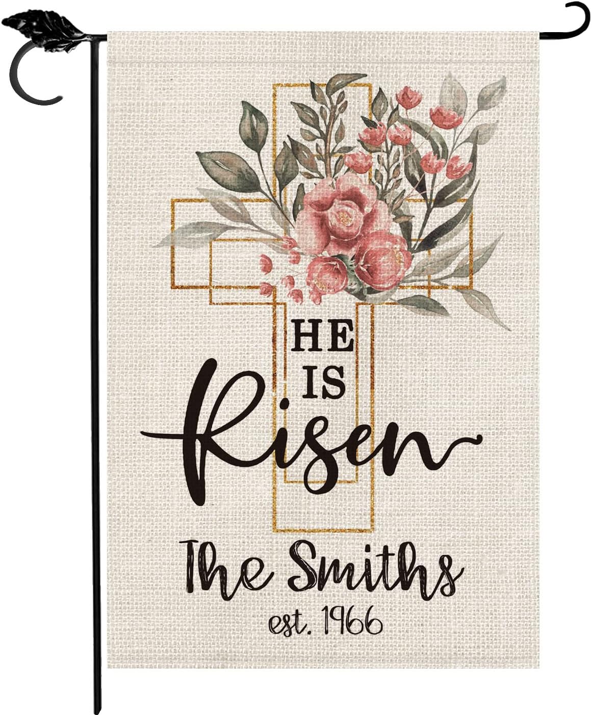 SMILE Personalized Easter House Flag, Custom Family Last Name and Established Year He is Risen, Double Sided 28 x 40 Inch Rustic Farmhouse Burlap Yard Outdoor Decoration