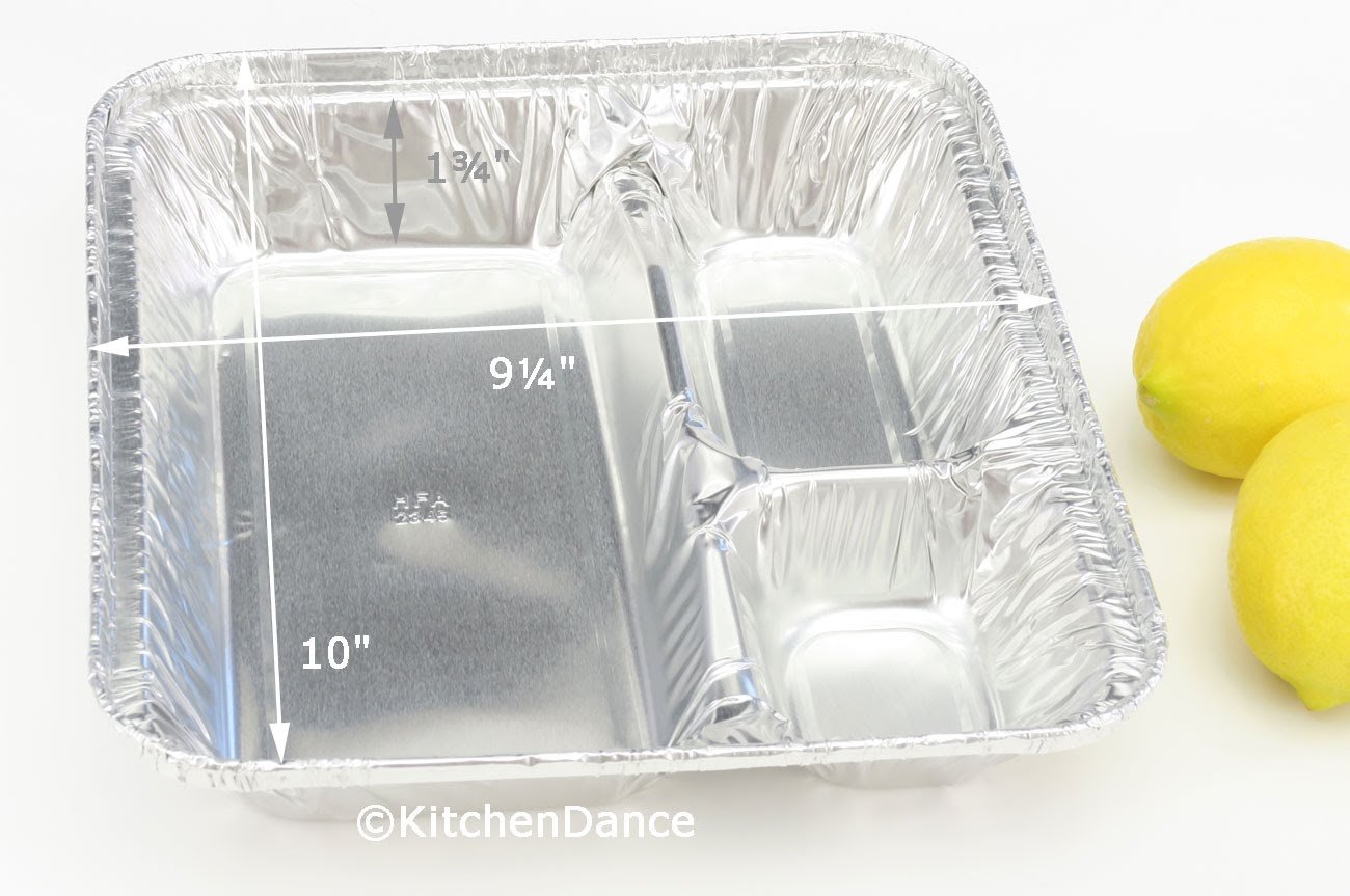 Handi-Foil KitchenDance Disposable Aluminum X-Large TV Food Storage 3 Compartment Tray with Cardboard Lid - Rectangular Aluminum TV Dinner Tray Perfect for Cooking, Freezing, Storing Food, 100 Count