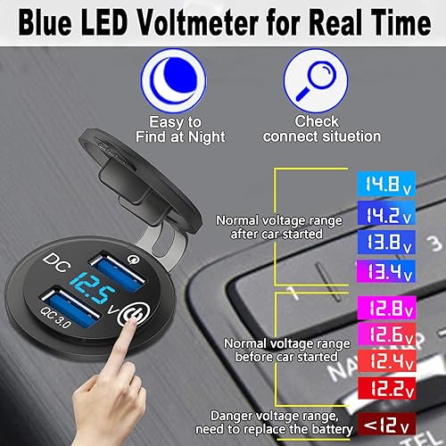 Miniatura 3 de Toma de carga rápida 3.0 de 12 V, enchufe de cargador de coche dual USB de 36 W con interruptor de alimentación LED, voltímetro LED, adaptador de