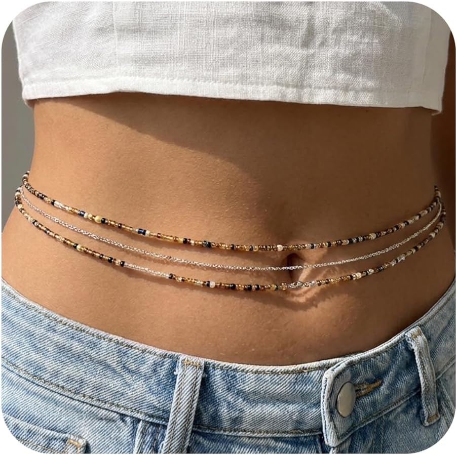 Boho Green White Beaded Layered Waist Chain for Women, Fashion Beach Beads Belly Body Chains Summer Bohemian Accessory Jewelry Gift