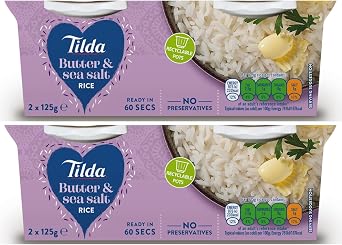 Tilda Butter & Sea Salt Rice 4 x 125g   2 Boxes Microwave Basmati Rice   Flavoured Ready to Heat Rice   Includes Gifty Goodness Shopping List