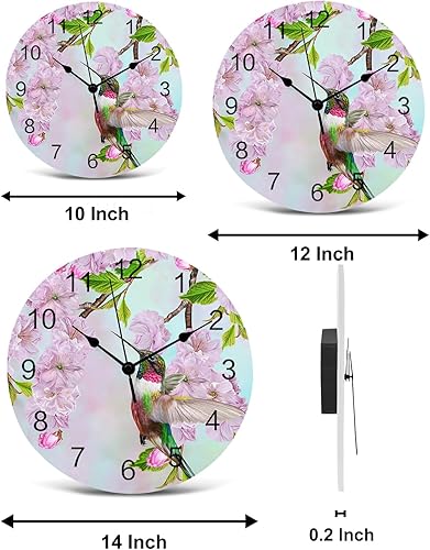 Miniatura 7 de Hummingbird - Reloj de pared de PVC con flores rosadas, silencioso, sin tictac, funciona con pilas, reloj redondo para el hogar, sala de estar,