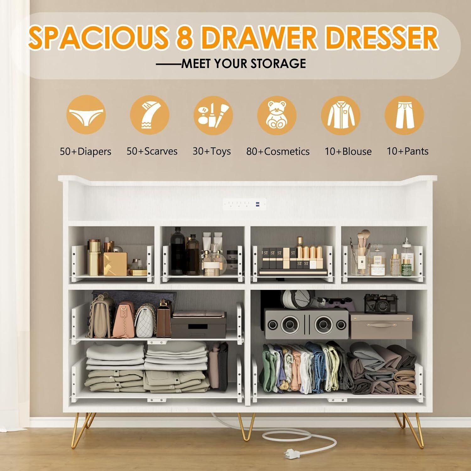 TrailBlaze Dresser TV Stand, Dresser for Bedroom with LED Light & Charging Station Entertainment Center with Storage 8 Drawers Wooden Dressers with Open Space Wide Drawers for Living Room, White