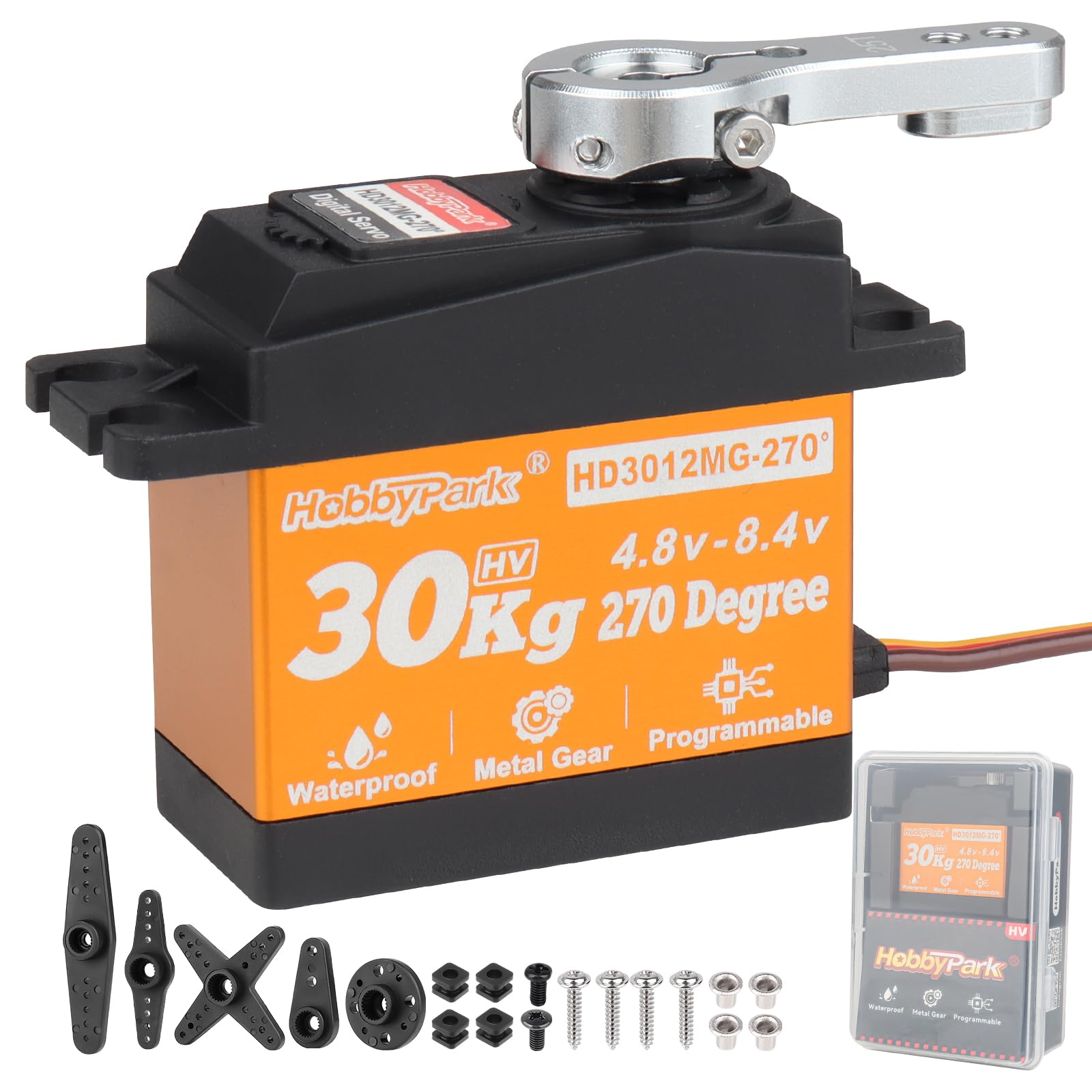 HobbyPark 30 kg impermeable 270 grados Servo de alto par de engranajes de metal digital para coche RC Crawler, camión, proyecto robot, Arduino, alto voltaje 5-8.4V programable