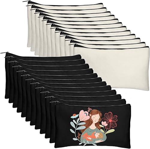Legigo Paquete de 24 bolsas de lona en blanco para manualidades, estuche de maquillaje en blanco, bolsa de lona beige y negra, bolsa de cosméticos