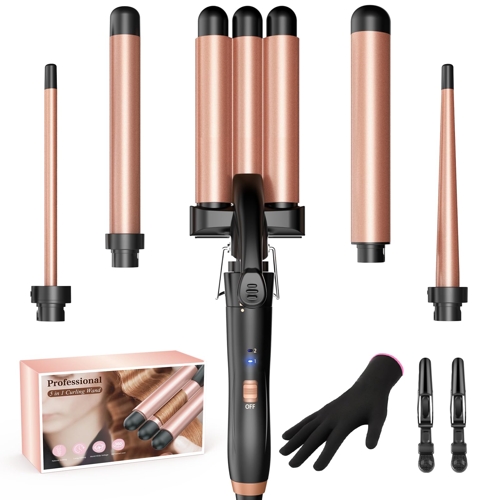 Rizador Pelo Ondas Plancha Ondas-BESTOPE MIX Rizador de Pelo 5 en 1 con Temperatura Regulable, Tenacillas Pelo con Calentamiento Rápido PTC, Ondulador de Pelo con Guante y 2 Clips