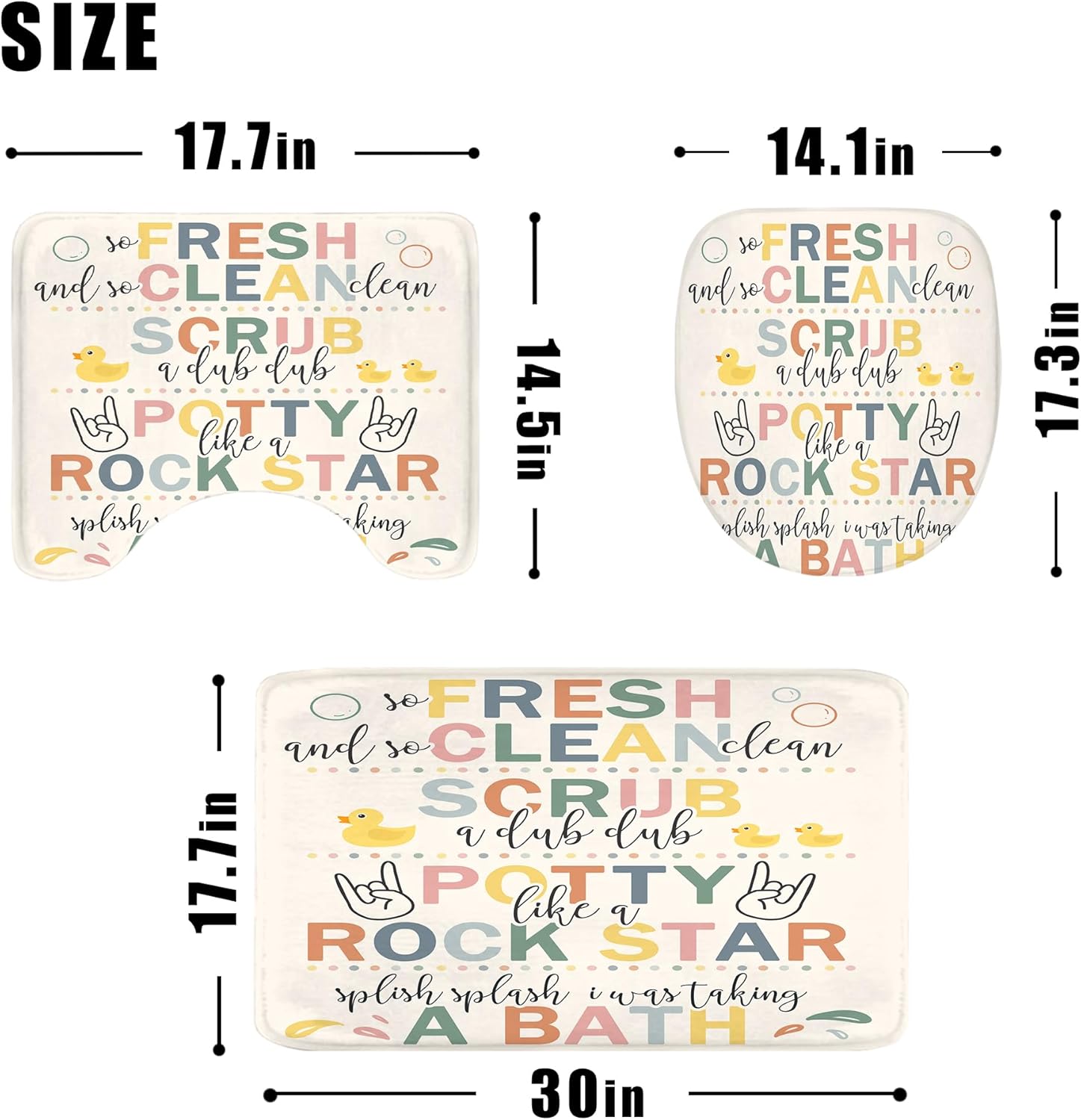 LGhtyro 4PCS Bathroom Rules 71Wx71H Inches Inspirational Quotes Cartoon Words Shower Curtain Sets with Rugs, Toilet Lid Cover and Bath Mat, Funny Bath Accessories Art Home Decor Fabric 12 Pack Hooks