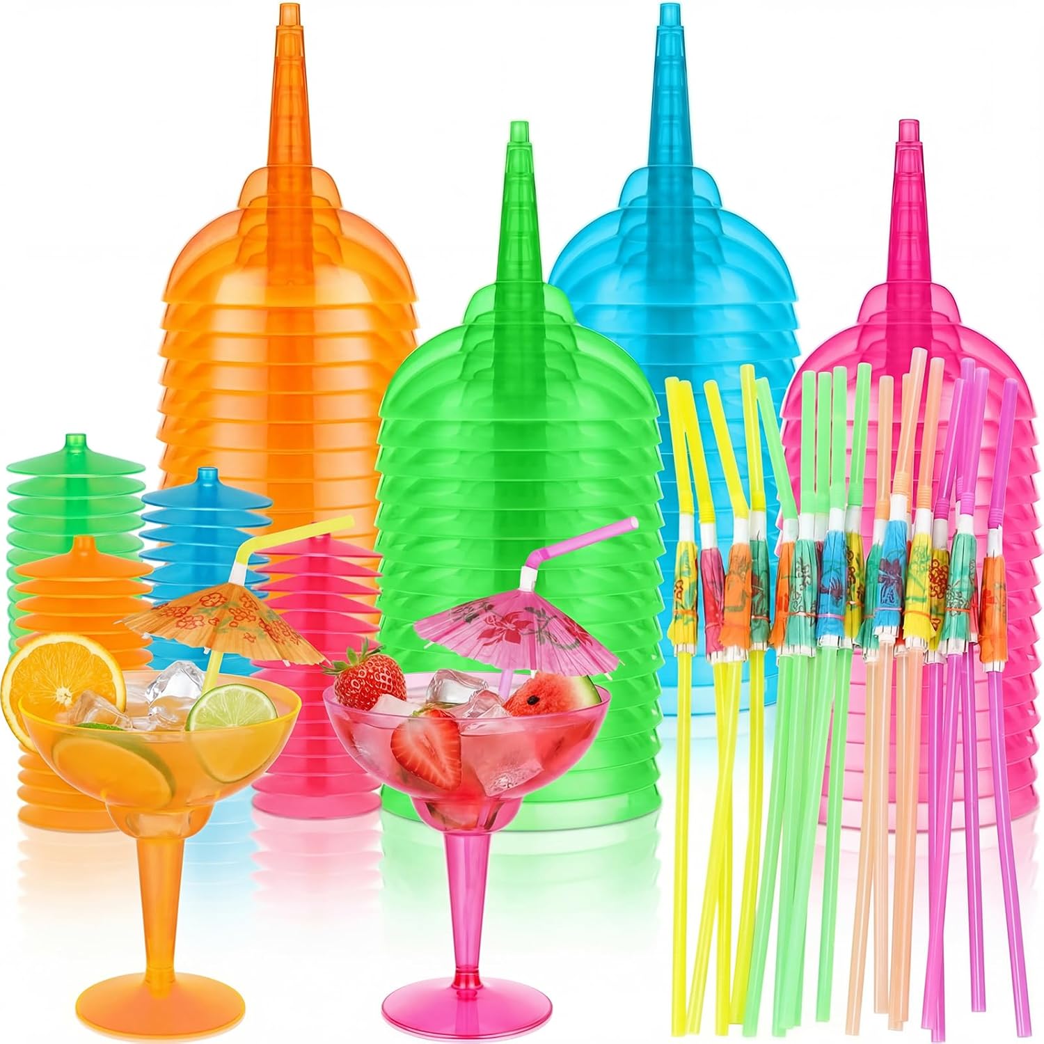 20 Set Plastic Margarita Glasses with Umbrella Drink Straws 60 Pcs 12 oz Disposable Margarita Cup and 60 Pcs Umbrella Straws for Cinco De Mayo Fiesta Summer Hawaiian Party Supplies