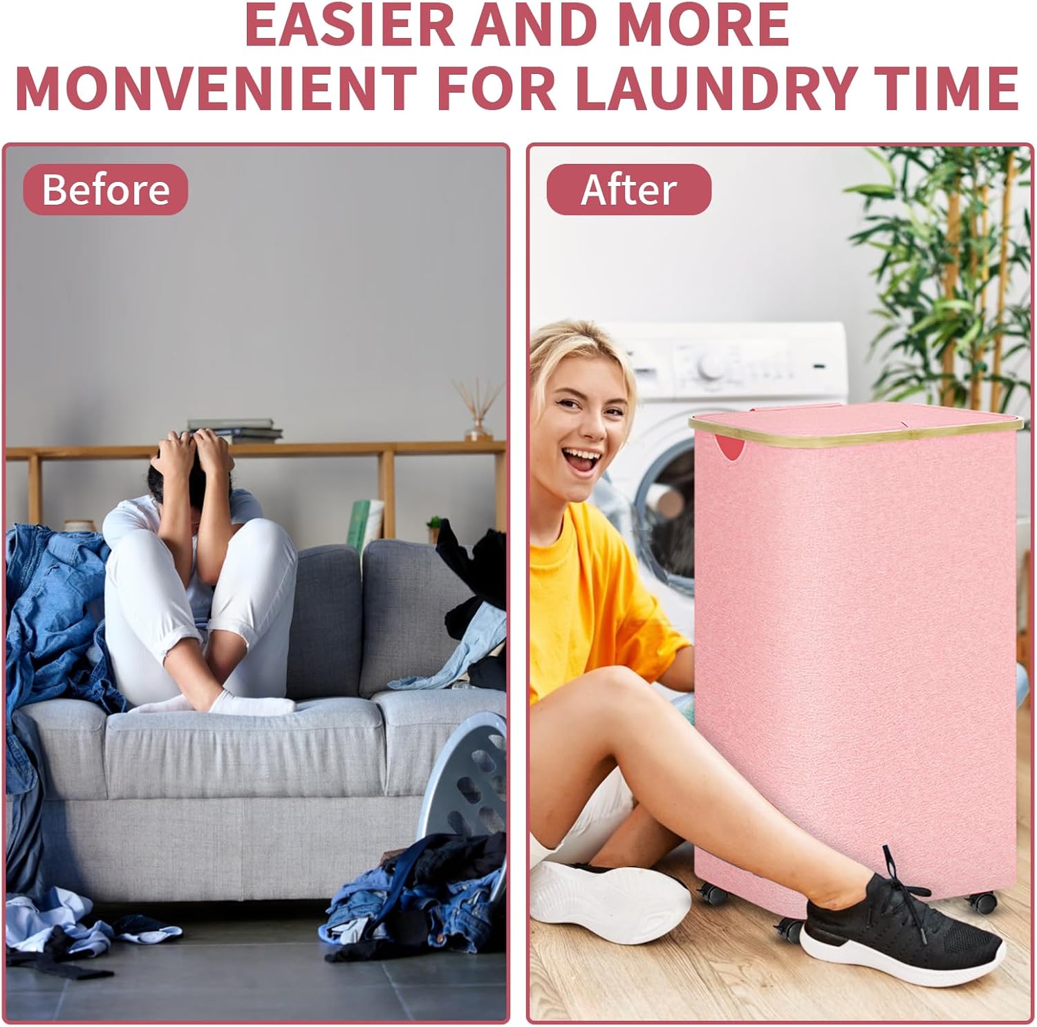 Pink Hamper with Wheels - 100L Large Laundry Hamper with Lid, Rolling Hamper on Wheels, Collapsible Laundry Basket with Removable Mesh Bag and Bamboo Handle for Easy Carrying