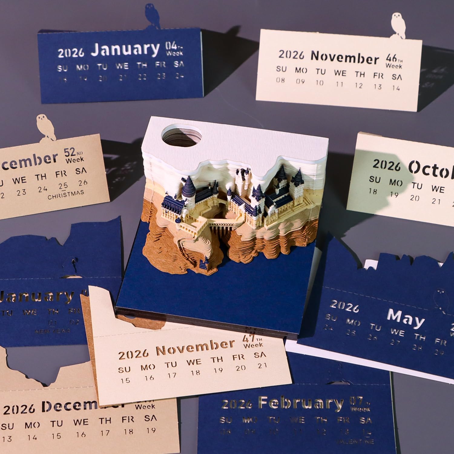 3D Desk Calendar Memo Pad 2026, 3D Magic Castle Weekly Calendar Notepad With Light&Pen Holder, 3D Memo Pad DIY Decoration Gift