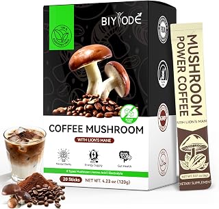 BIYODE Mushroom Coffee Instant Powder: with Lions Mane 8 Functional Mushrooms for Sustained Energy Mental Focus Gut Health Support Organic Blend 20 Stick Packs
