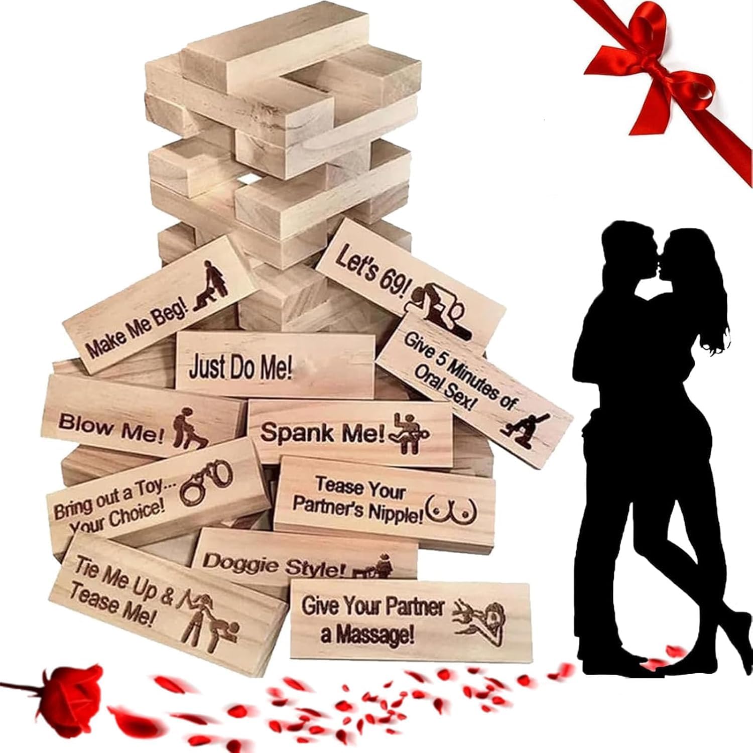 Lust Tower Jenga Game For Adults - 48 Piece Passion Tower Stacking Blocks Game For Couples And Adult Gatherings