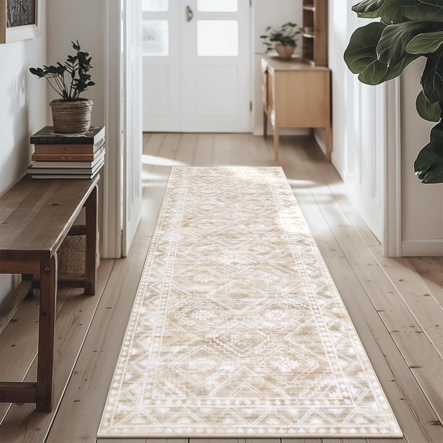 Vaukki Hallway Runner Rug, Soft Low Pile Laundry Rug Runner, Non Slip Entryway Mat, Boho Floor Runner Rug, Washable Kitchen Area Carpet for Hallway, Bathroom and Bedroom (2' X 6', Beige) 2' x 6' (Runner) Beige image 8 of 9 B0DN1LS7DX