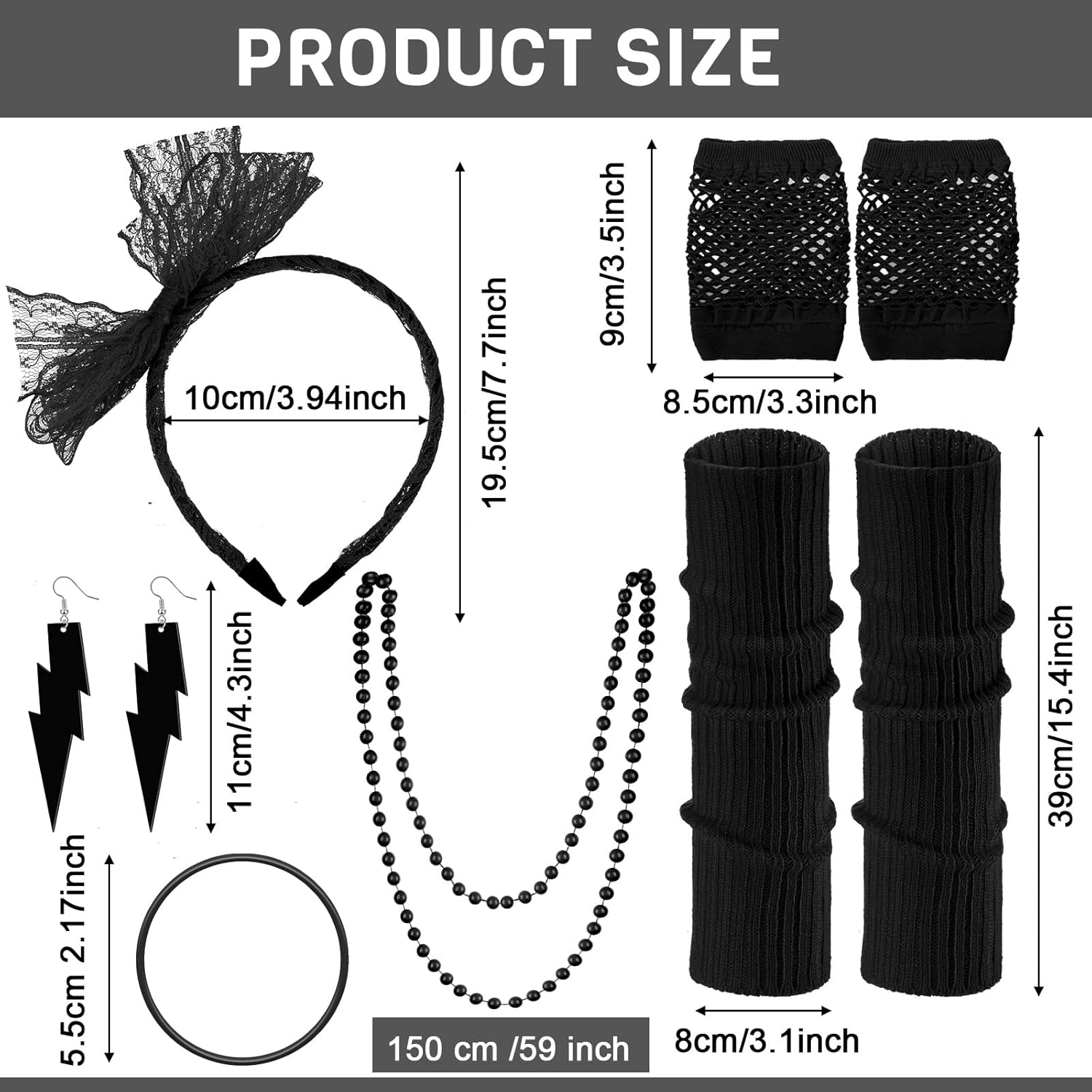 Handepo 19 Pcs 80s Costume Accessories Holographic Fanny Pack Leg Warmers Lace Headband Earrings Gloves Necklace Bracelet - Image 5
